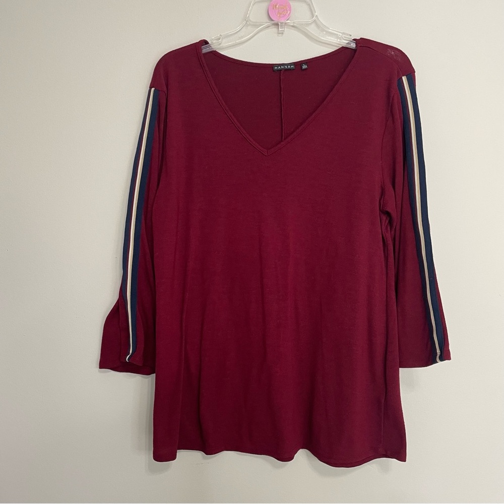 Hannah Burgundy V-Neck‎ Long Sleeve Top with Stripes~ Size Large ~ Casual